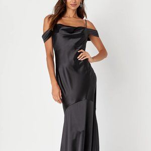 NWT Regal Essence Black Satin Cowl Neck Cold-Shoulder Maxi Dress